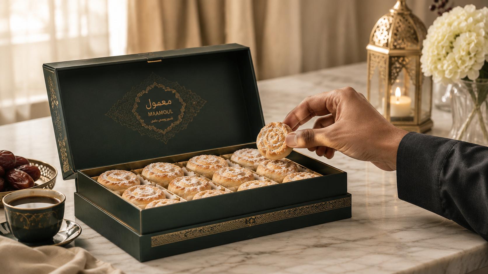 Luxury Maamoul gift box, perfect for Ramadan, Eid, and special occasions. Elegant box with Arabic branding, premium Middle Eastern sweets on marble table with traditional decor.
