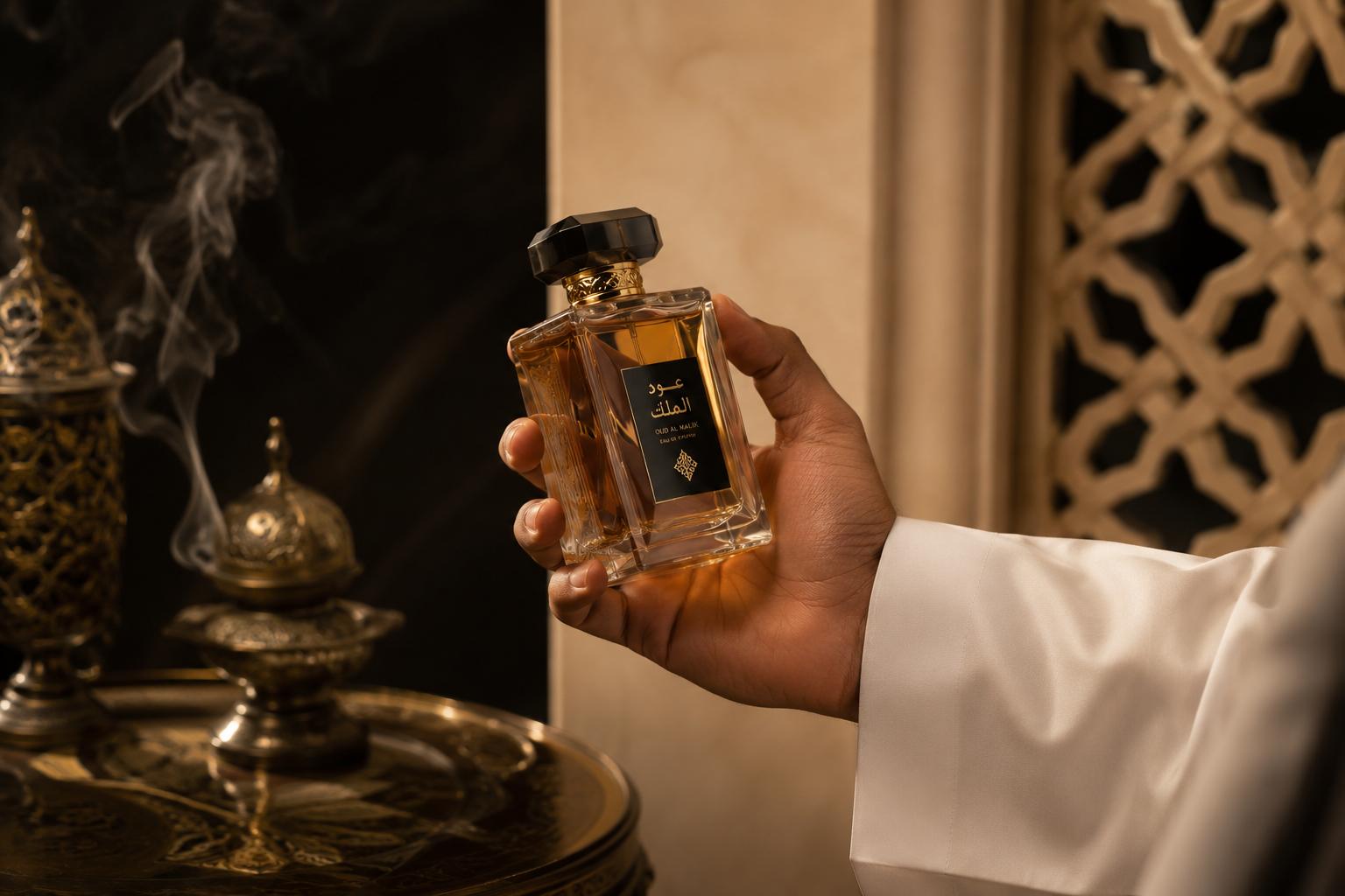 Luxury oud perfume held by a man wearing a traditional Saudi white thobe, photographed in an elegant Arabian fragrance setting with incense smoke and premium Arabic decor perfect for gifting.