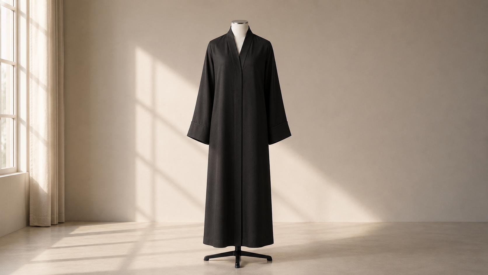 Elegant black abaya displayed on a mannequin in a bright, minimalist room.