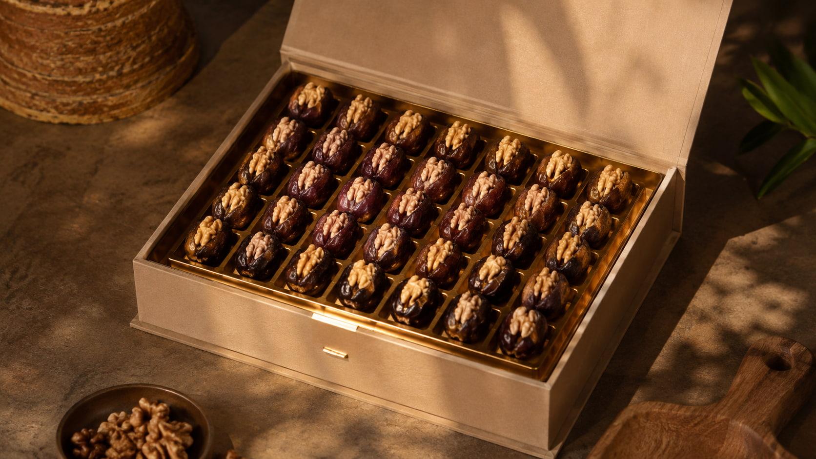 Premium gift box filled with walnut-stuffed Ajwa dates arranged neatly in a golden tray.