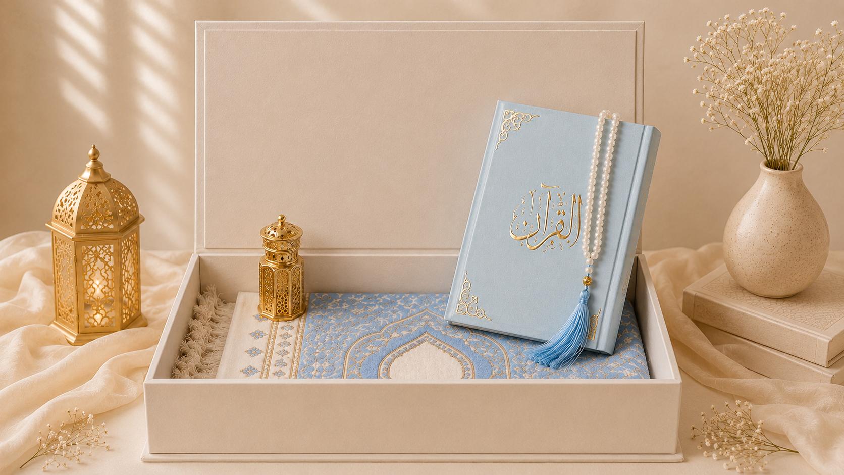 Premium Quran gift set with a Quran, prayer mat, tasbih beads, and decorative lantern displayed in an elegant cream gift box, ideal for Ramadan, Eid, Umrah, Hajj, and Islamic gifting.