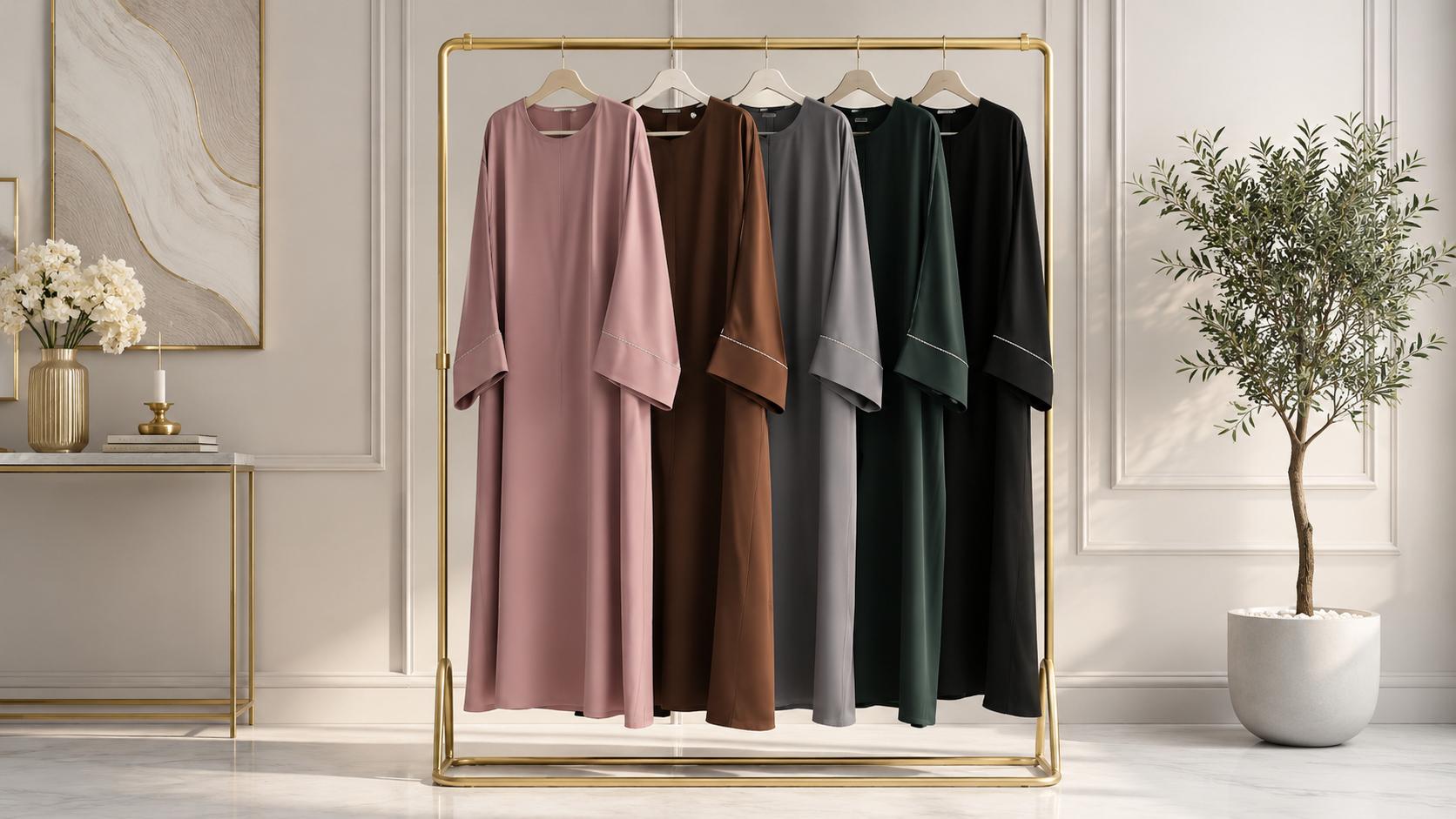 Premium modest fashion abayas displayed on a gold clothing rack in an elegant boutique interior.
