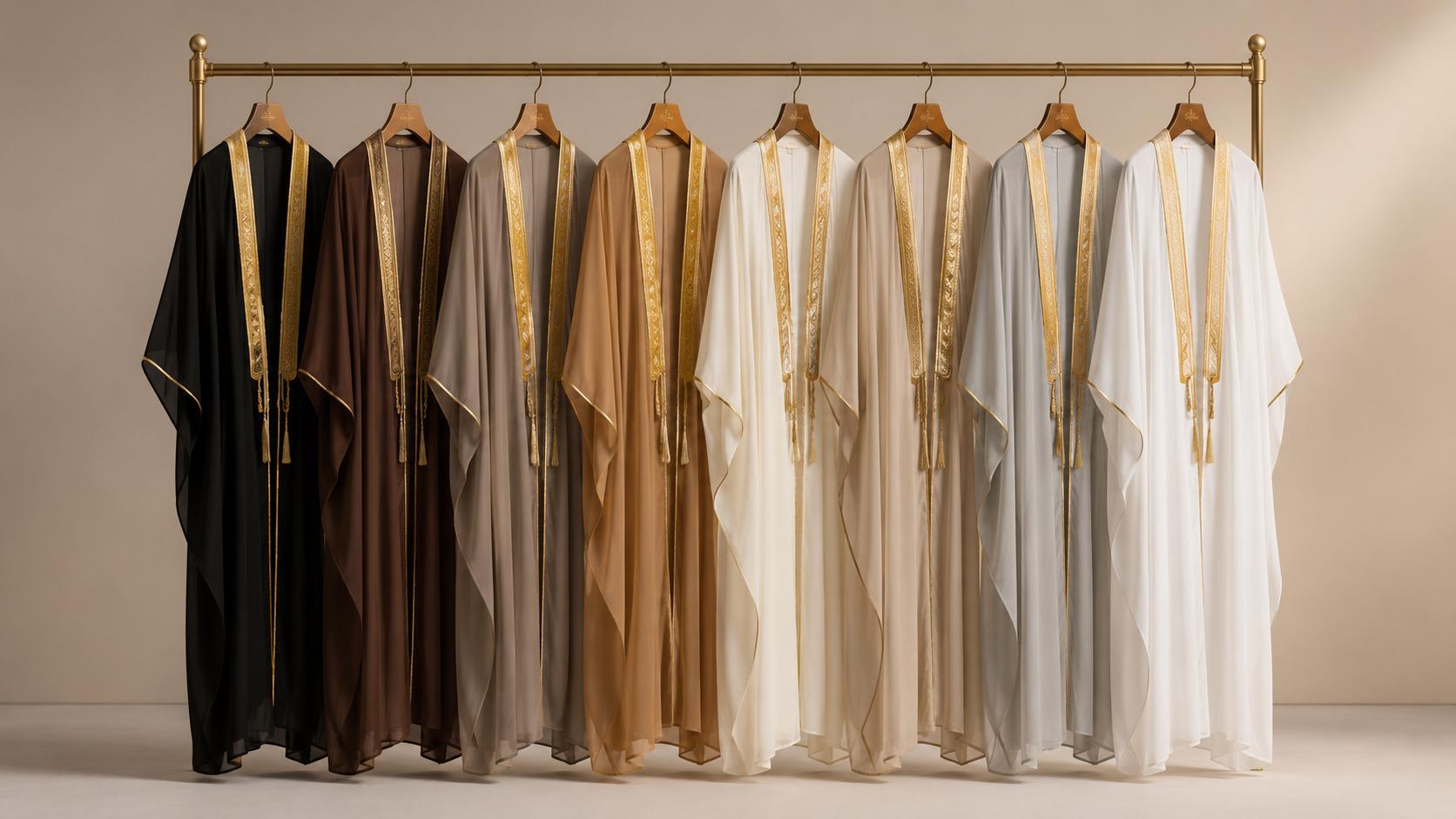 Elegant Saudi bishts in black, brown, beige, cream, and white tones hanging on a gold clothing rack in a minimalist studio setting.