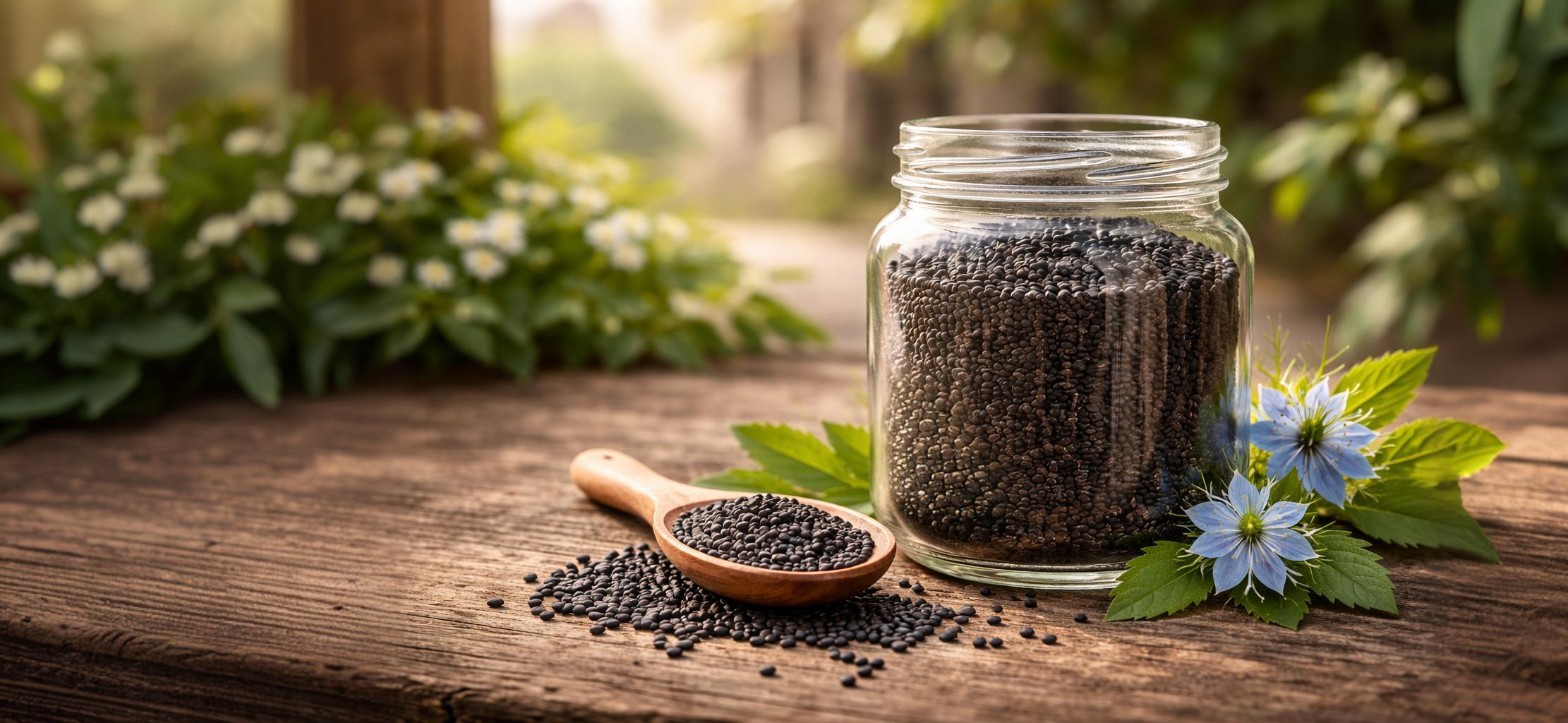 Black seeds in a jar placed on a wooden table