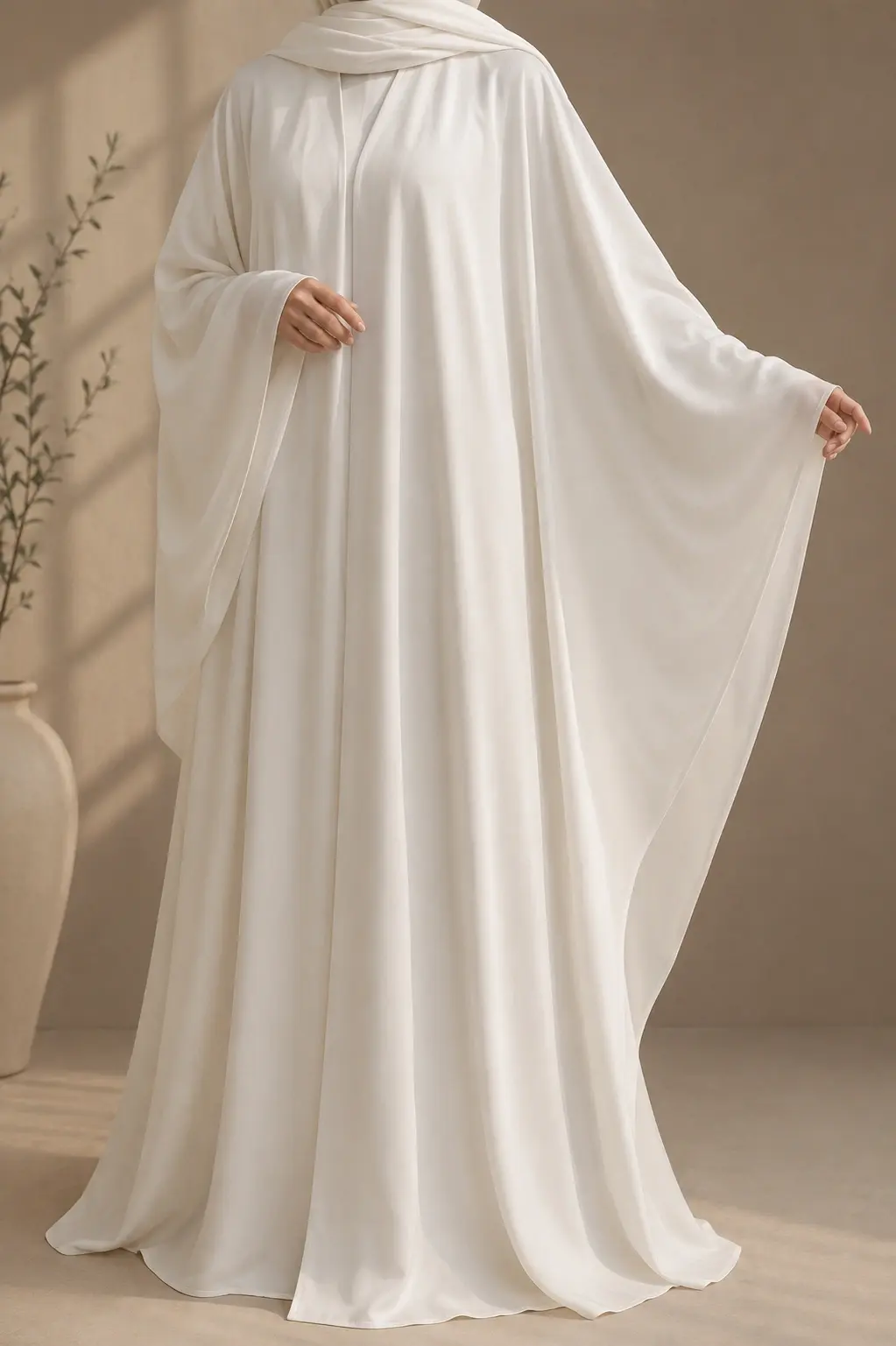 White butterfly abaya with wide, flowing sleeves and a loose, modest silhouette.