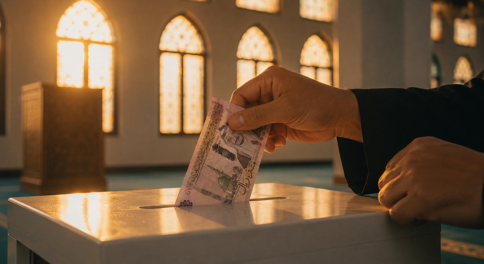 A hand putting a note in a charity box