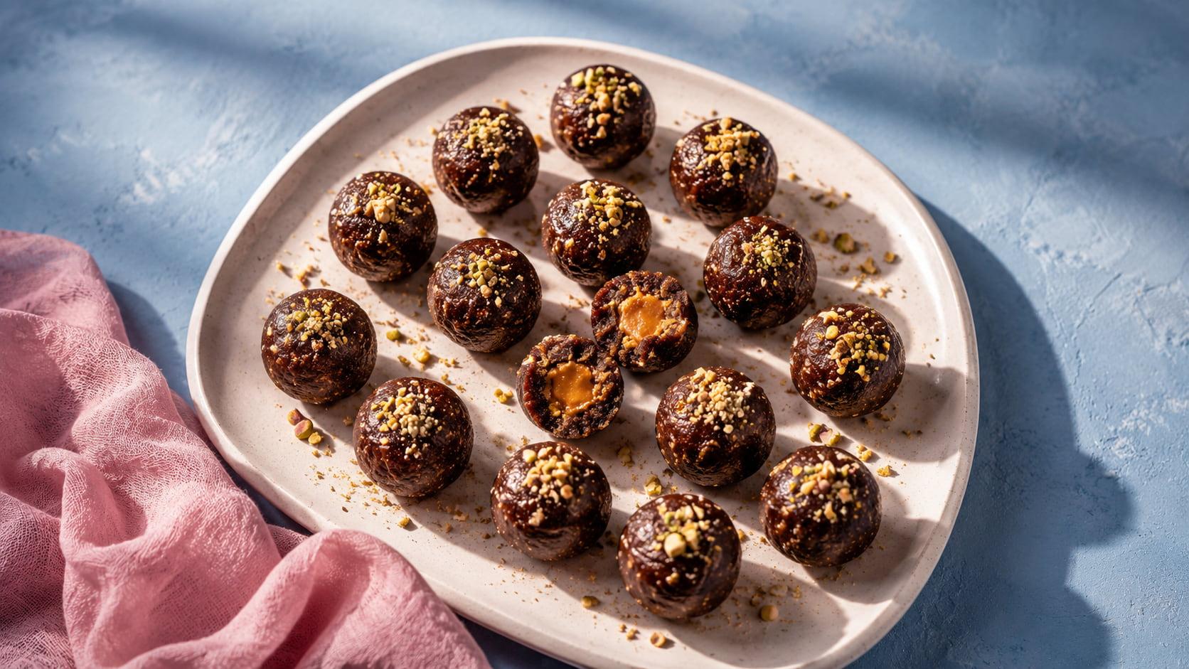 Top-down view of traditional Saudi date balls with pistachio topping and creamy filling on a ceramic plate.