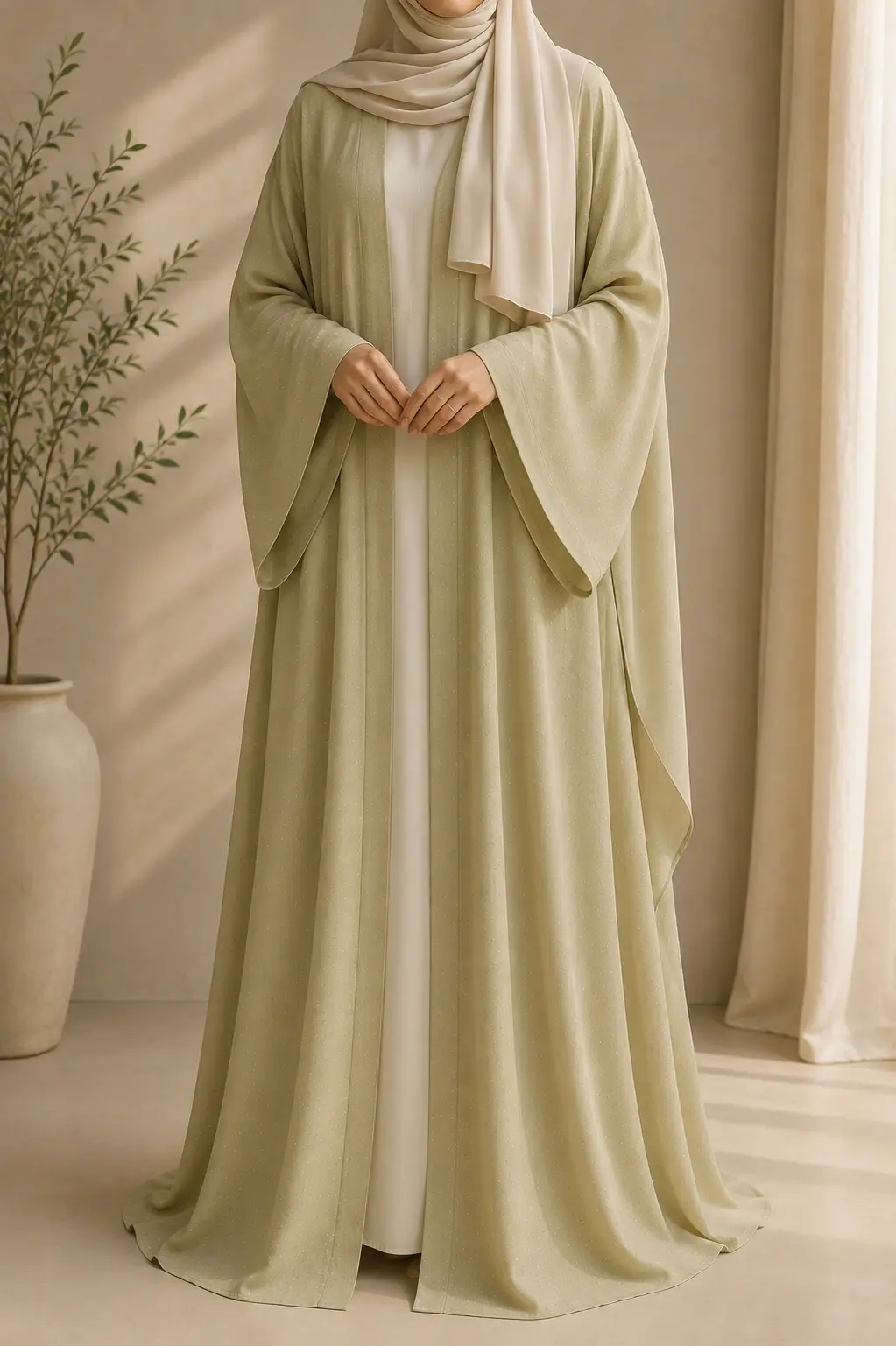 Elegant sage green kimono abaya with wide flowing sleeves, subtle textured detailing, and a layered open-front design.
