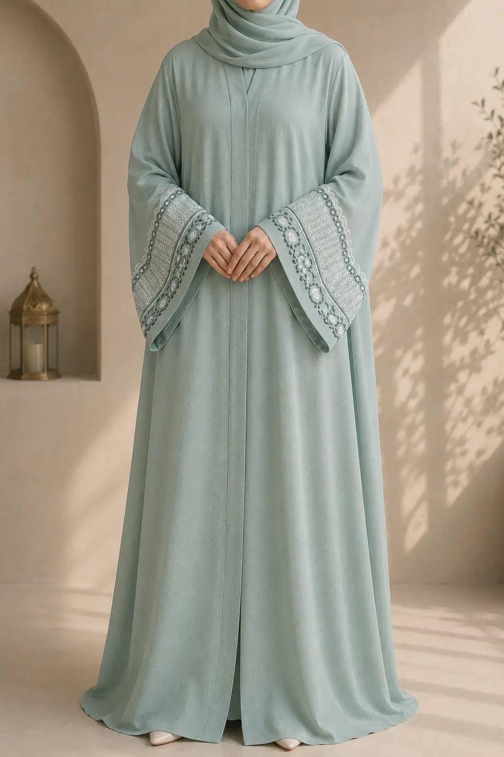 Embroidered abaya with intricate floral detailing on the wide sleeves and a flowing, modest silhouette.
