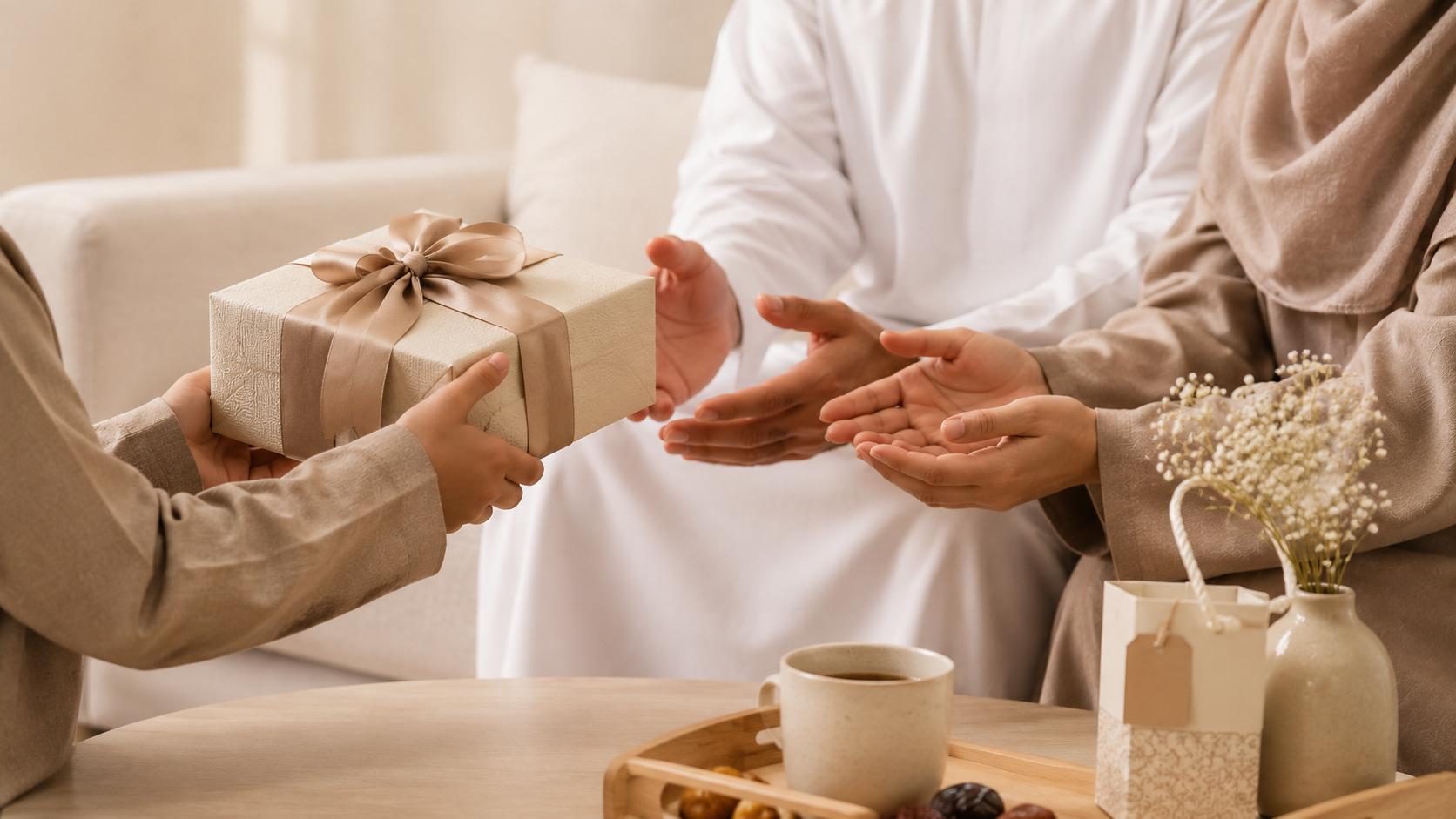 Child giving a wrapped gift to parents sitting together in a warm and cozy living room.
