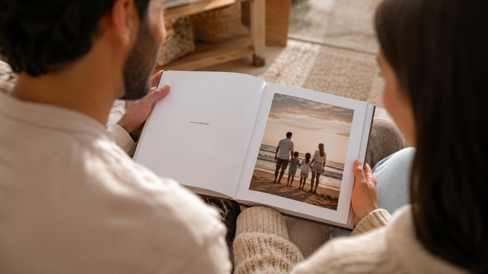 Couple looking through a family photo album filled with cherished memories at home.