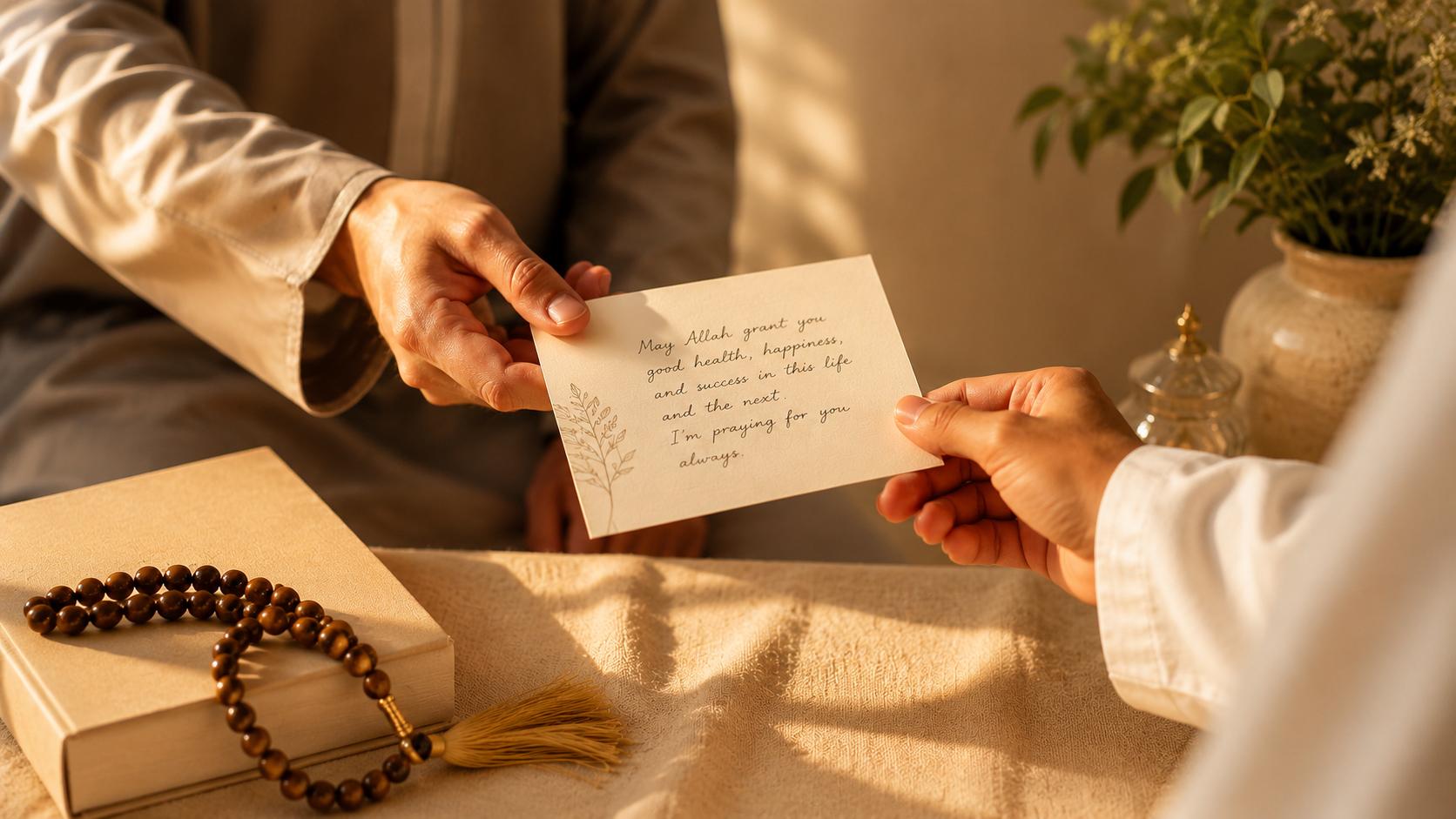 Close-up of two people exchanging a handwritten du'a card in warm natural light, symbolizing heartfelt prayer, gratitude, and meaningful Islamic gifting.