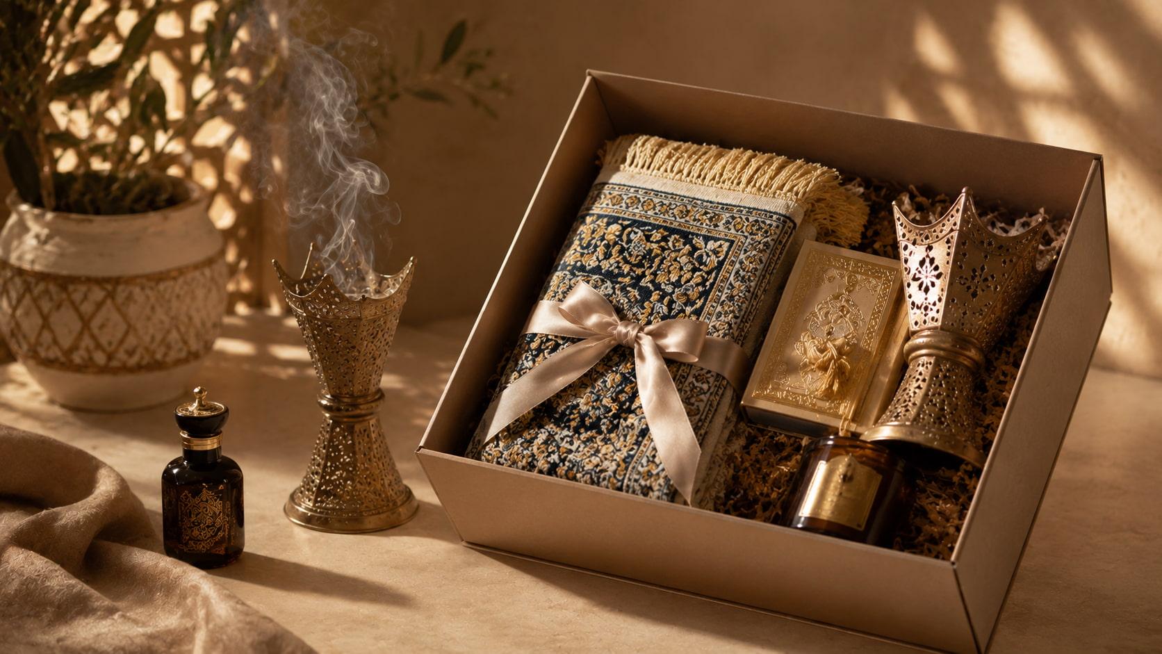 Elegant heritage gift box with a prayer mat, Quran, incense burner, lantern, and perfume bottle.