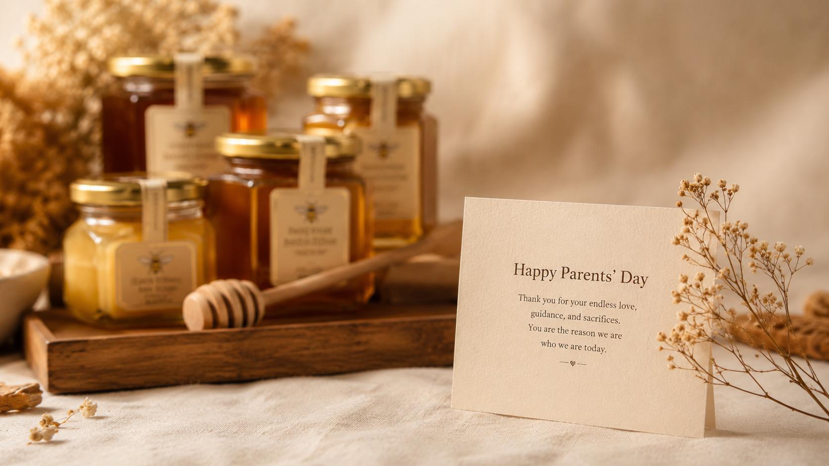 Honey gift set with premium honey jars, a honey dipper, and a Parents' Day greeting card.