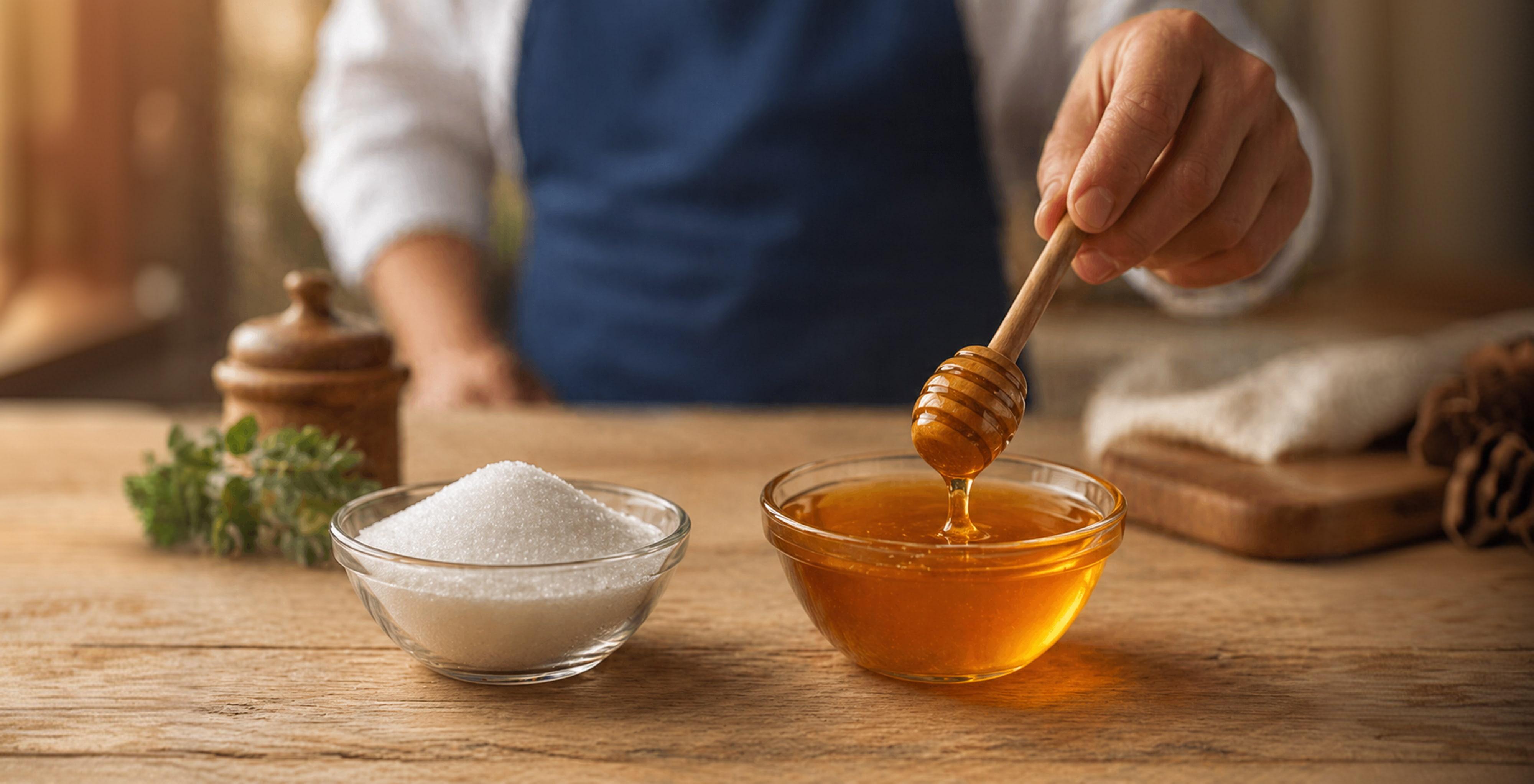 Person in blue apron reaching for honey bowl instead of sugar on wooden table, highlighting honey as a healthier natural sweetener