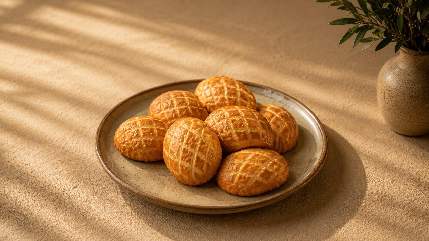 Authentic Saudi Kleija cookies with a traditional crisscross pattern arranged on a ceramic plate, captured in warm natural window light.