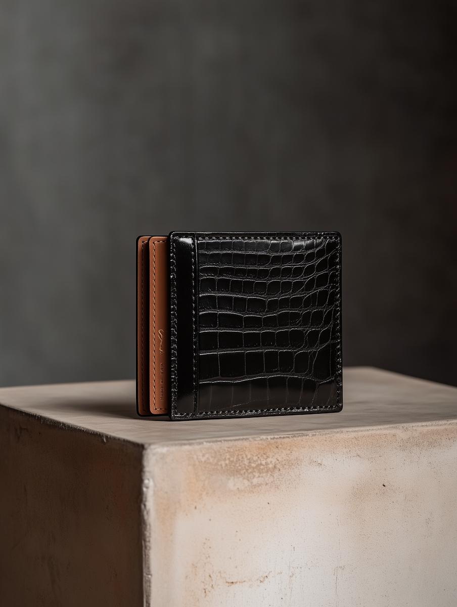 Premium black crocodile leather wallet on a stone pedestal with a minimalist studio background.