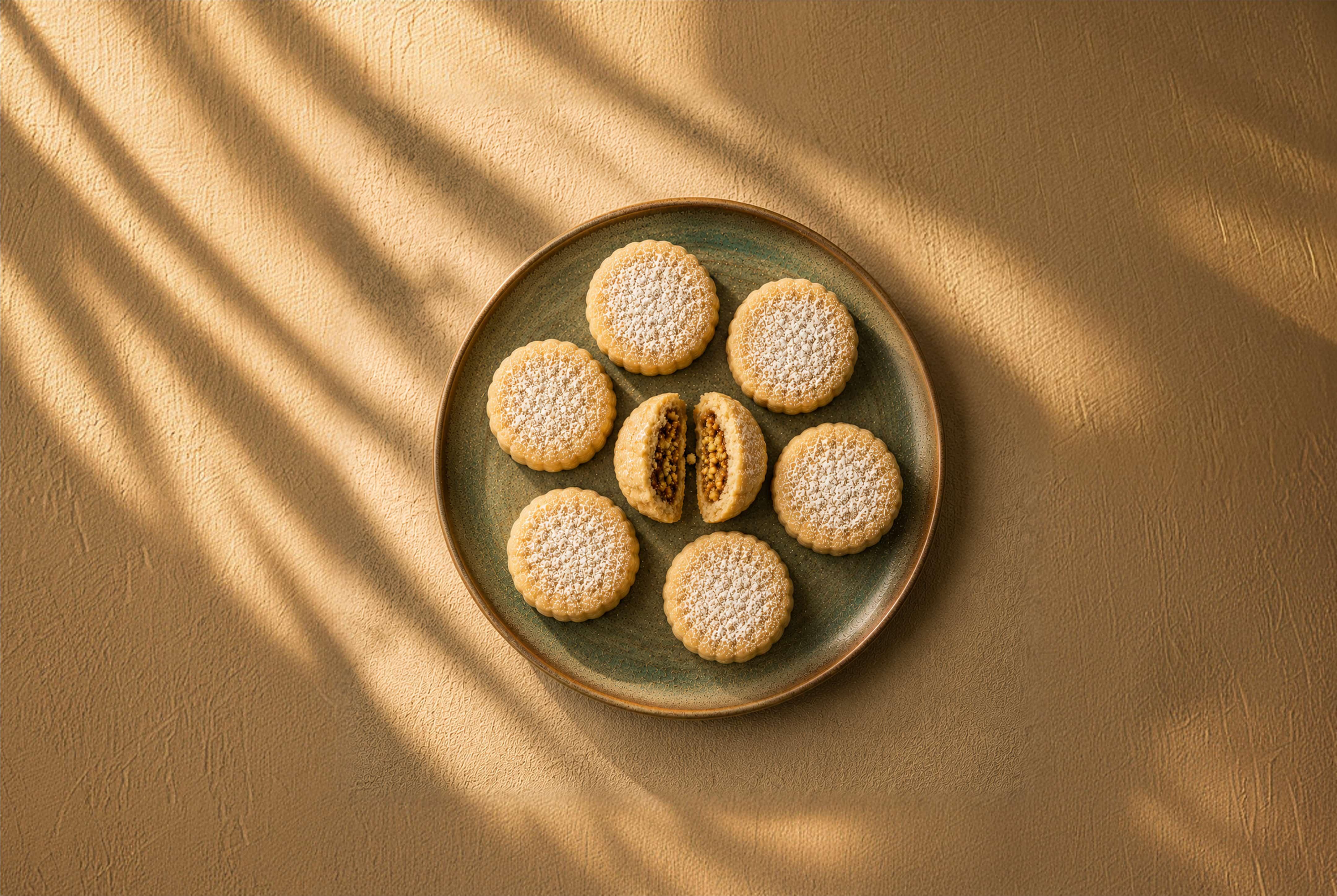 Top-down view of traditional Saudi maamoul cookies on a ceramic plate with a broken pistachio-filled maamoul in the center, photographed in warm natural sunlight.