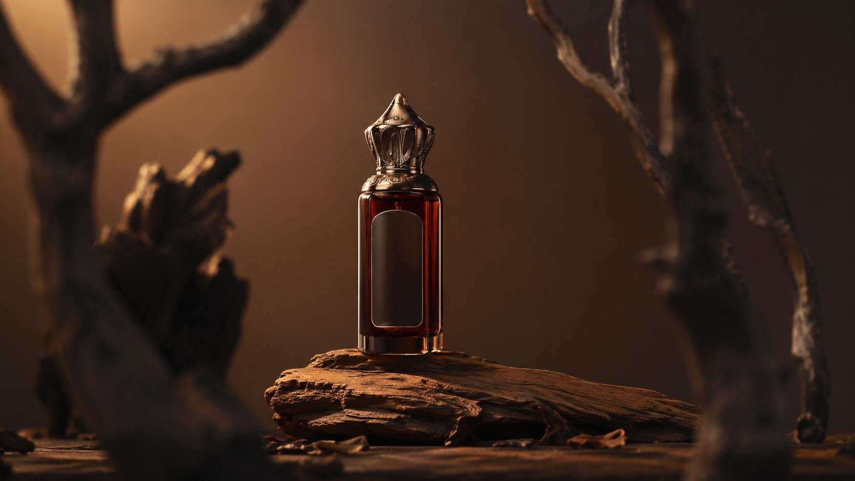 Luxury oud perfume bottle displayed on natural wood with a warm, elegant background.