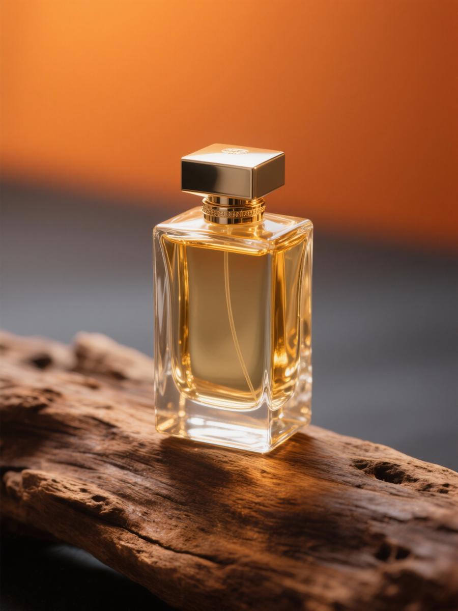 Elegant luxury perfume bottle on a rustic wooden surface with warm golden lighting.