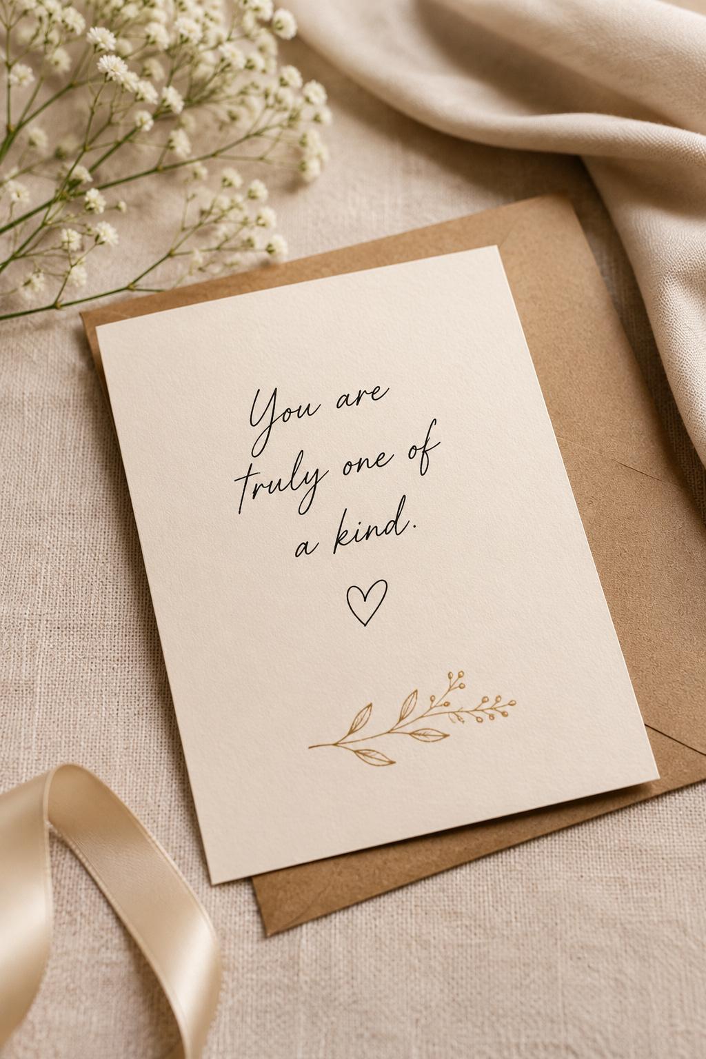 Handwritten personalized message card with decorative ribbon and dried flowers on a wooden surface.