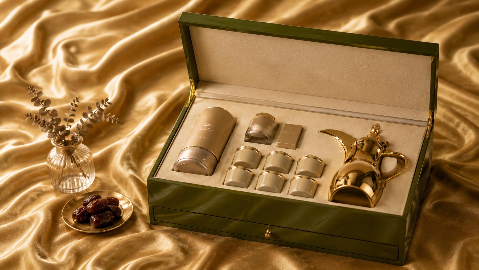 Premium Arabic qahwa gift set featuring a gold dallah, coffee cups, and accessories arranged in a luxury presentation box on golden silk fabric.