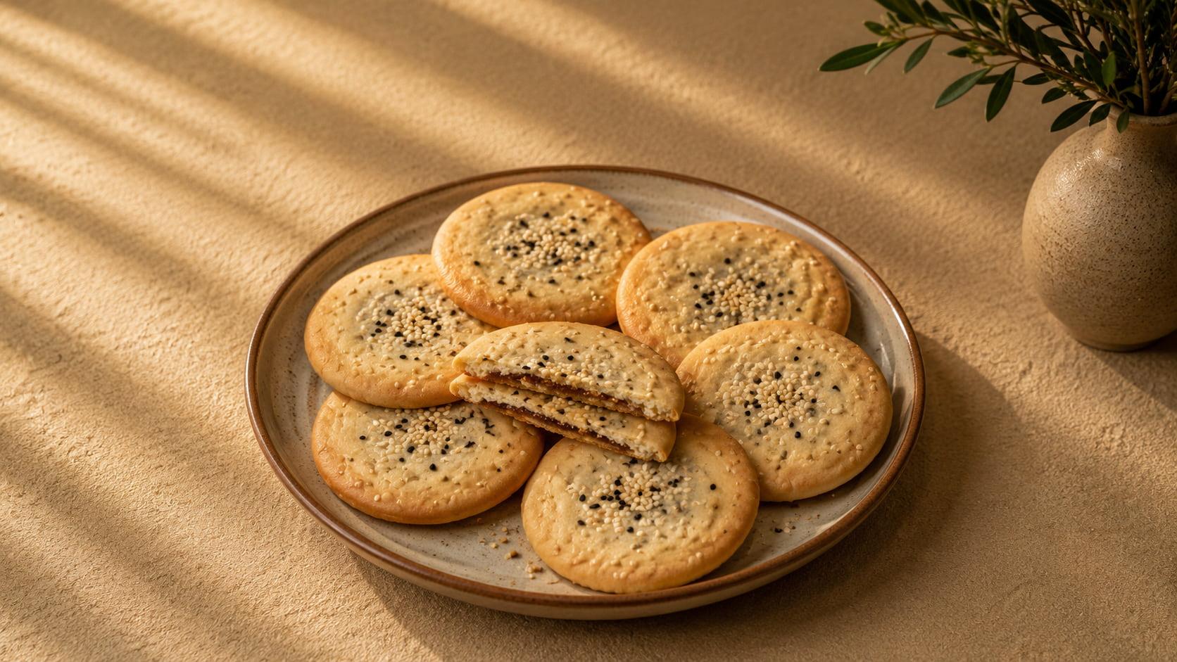 Delicious Saudi Rahaif cookies arranged on a ceramic plate, captured in warm natural window light.