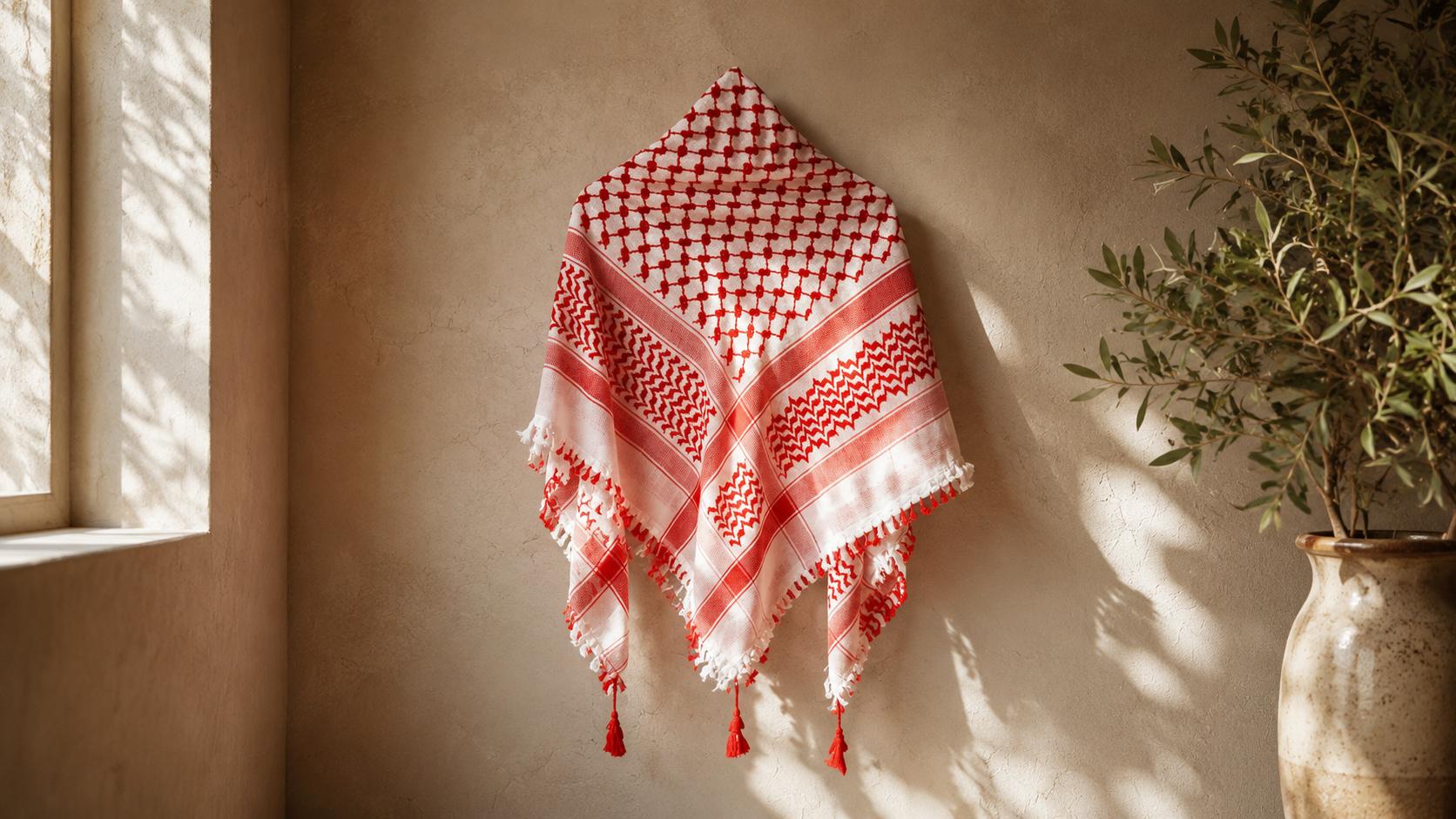 Saudi red and white shemagh hanging on a wall in natural sunlight, a traditional accessory worn with a Saudi thobe.