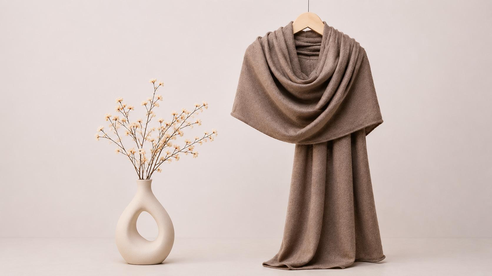 Elegant beige scarf draped on a hanger beside a decorative vase with delicate flowers.