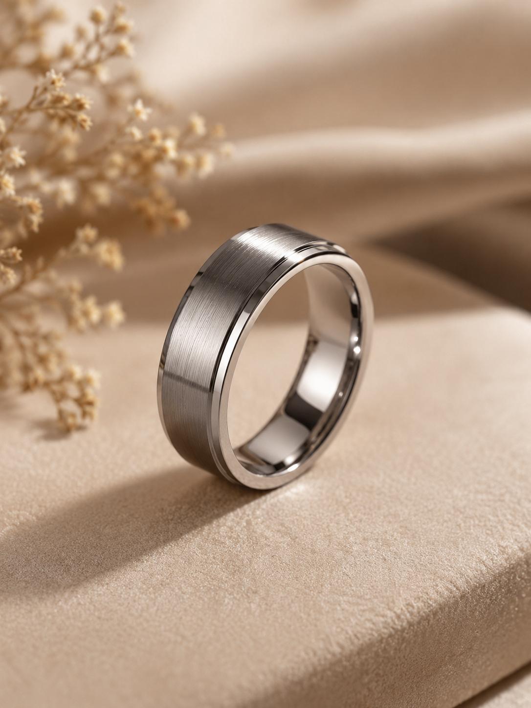 Close-up of a minimalist silver ring in soft natural lighting.