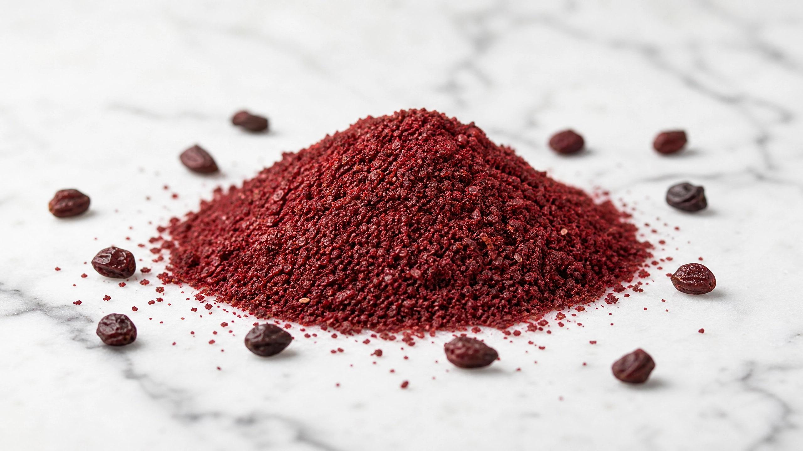 Ground dried sumac spice with whole sumac berries on a white marble surface.