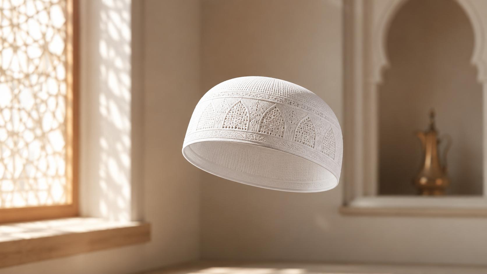 A white Saudi taqiyah cap floating gracefully in warm natural sunlight, often paired with a Saudi thobe, creating a refined and modest Islamic attire.