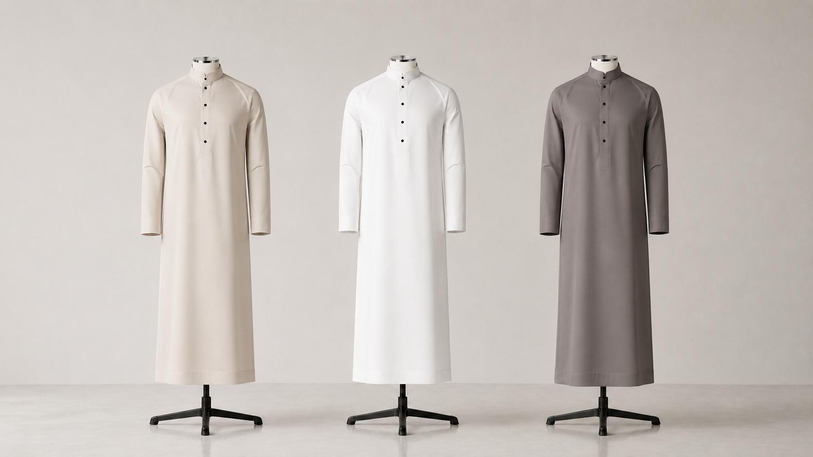 Three traditional Saudi thobes in cream, white, and gray displayed on mannequins.