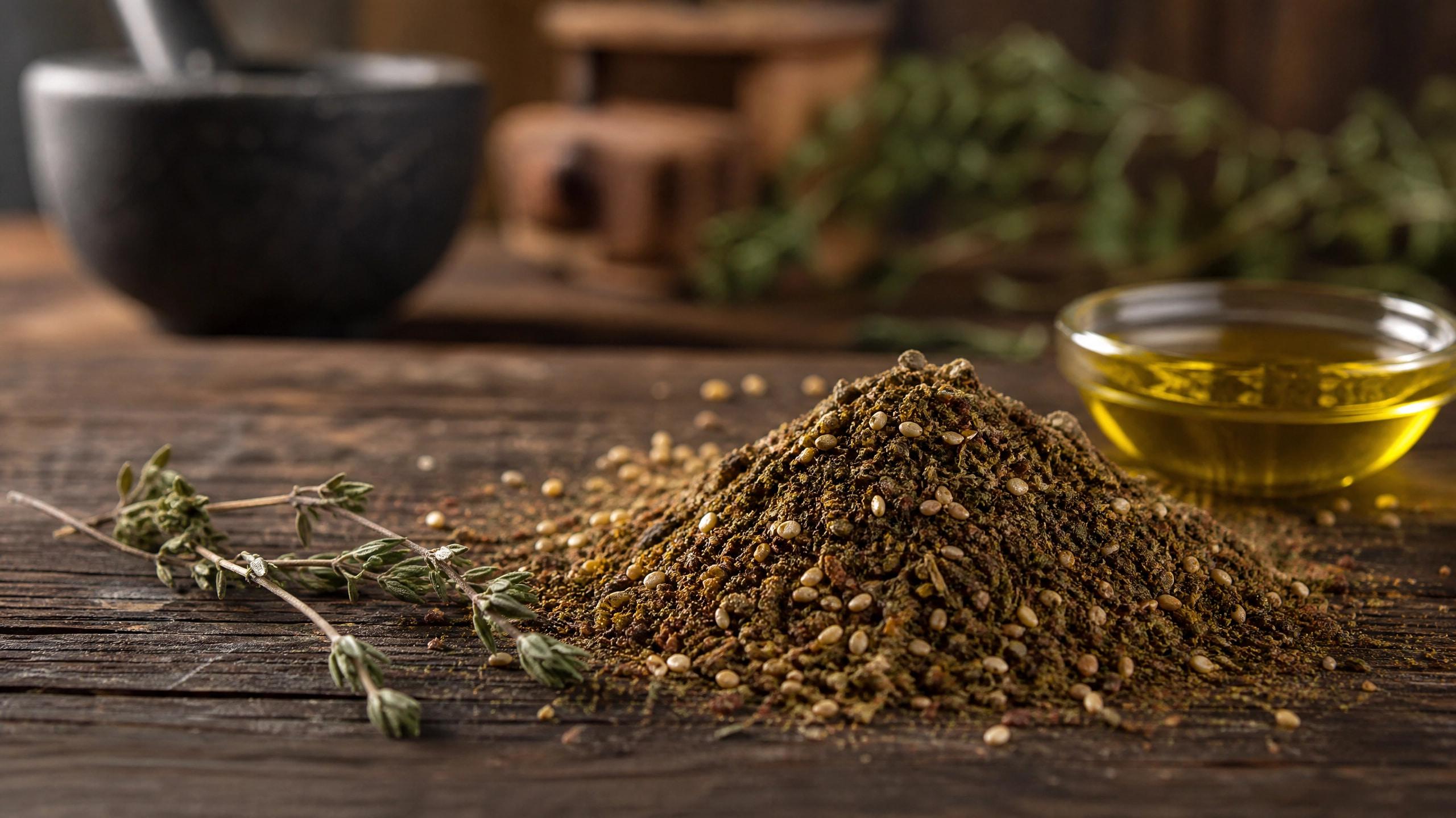Traditional za'atar spice blend with sesame seeds on a rustic wooden surface.